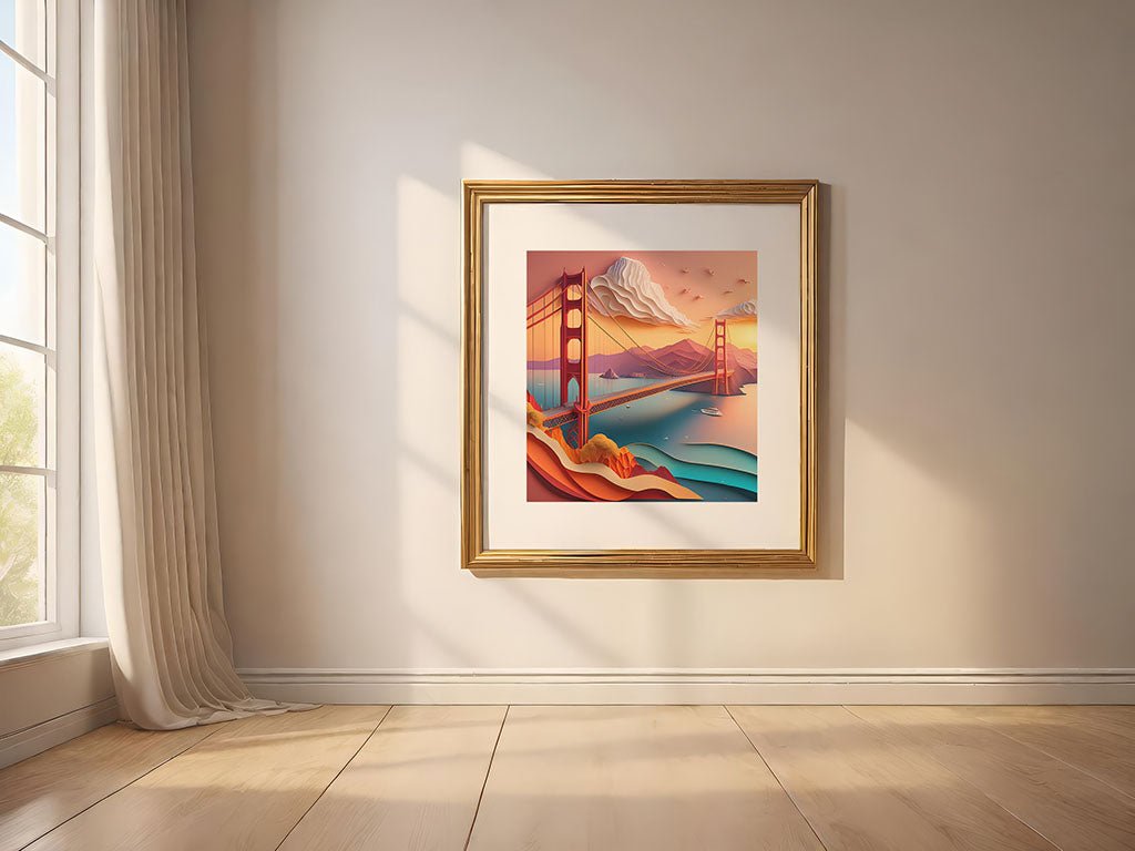 An FN Prints digital art piece titled "Golden Gate Bridge" is displayed on a beige wall, bathed in natural light streaming through a large window adorned with curtains. The room features a wooden floor, creating a serene and minimalist ambiance.