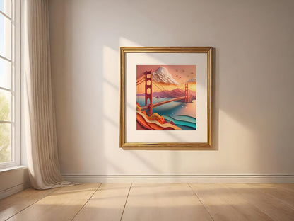 An FN Prints digital art piece titled "Golden Gate Bridge" is displayed on a beige wall, bathed in natural light streaming through a large window adorned with curtains. The room features a wooden floor, creating a serene and minimalist ambiance.