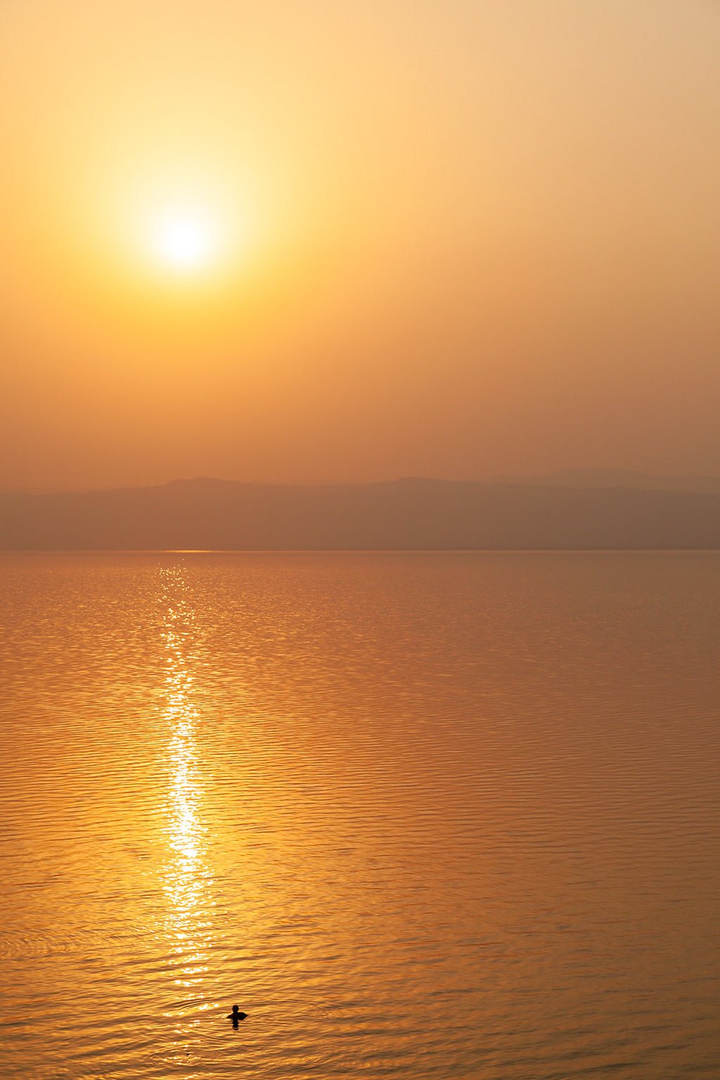 Witness the tranquil beauty of a scene captured in "Golden Horizon" by FN Prints. This artwork showcases a serene Dead Sea sunset with calm waters reflecting the low sun's shimmering light. The clear sky emits a warm glow, and a solitary bird gracefully glides near the water's edge. Distant hills trace the horizon, making it an ideal piece for those who appreciate peaceful landscape photography.