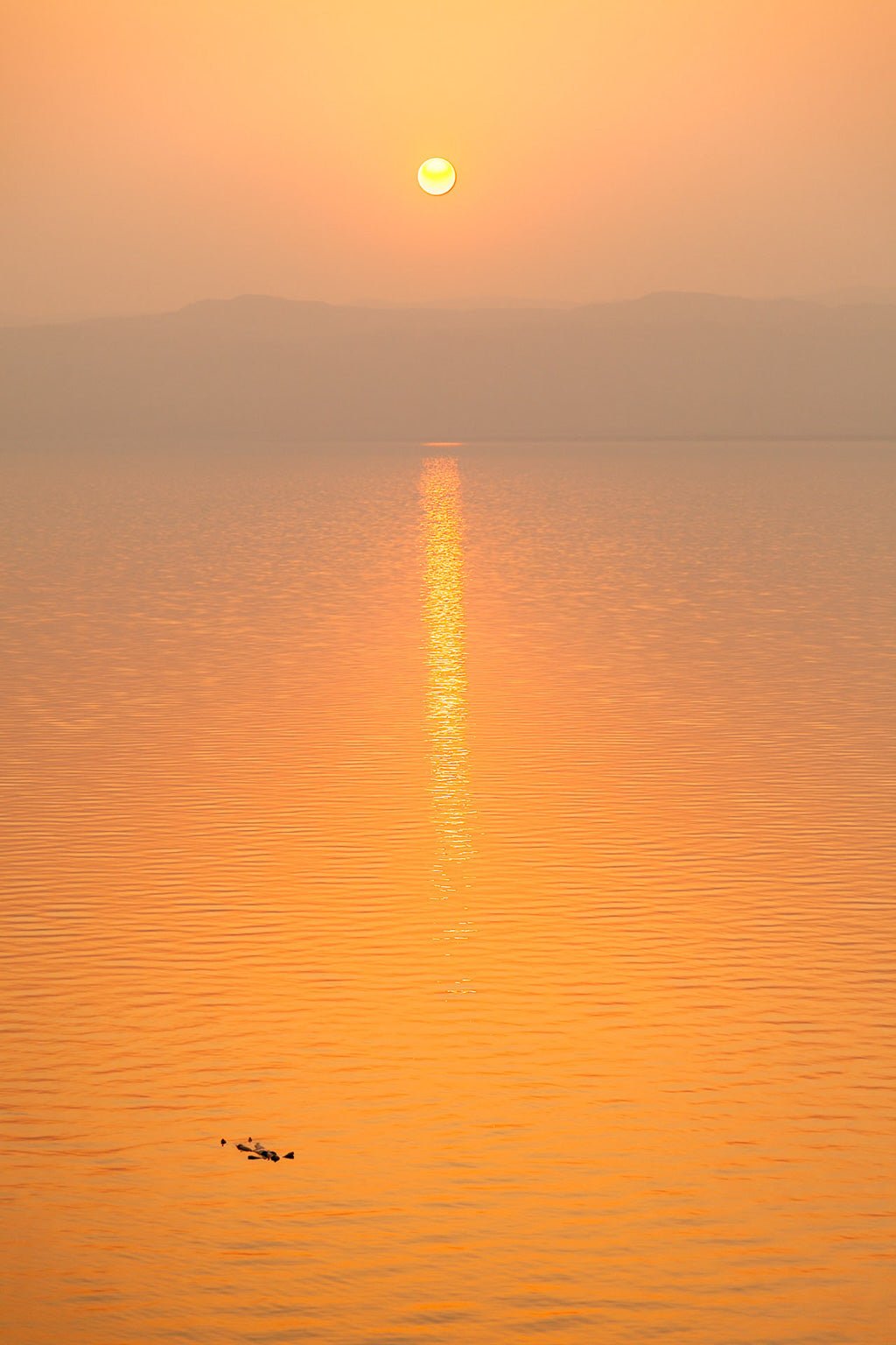 The Golden Horizon II photograph by FN Prints captures a golden sunset over the calm, expansive waters of the Dead Sea in Palestine. The sun, positioned near the top center, casts a long, shimmering reflection on the water's surface. Silhouettes of distant mountains are faintly visible under the hazy sky.