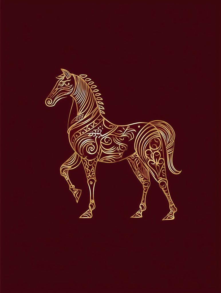 The Golden Horse by FN Prints features a stylized gold horse with intricate swirling patterns, inspired by Arabesque wall decor, set against a dark maroon background for an elegant decorative look.