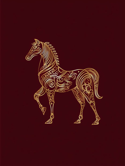 The Golden Horse by FN Prints features a stylized gold horse with intricate swirling patterns, inspired by Arabesque wall decor, set against a dark maroon background for an elegant decorative look.