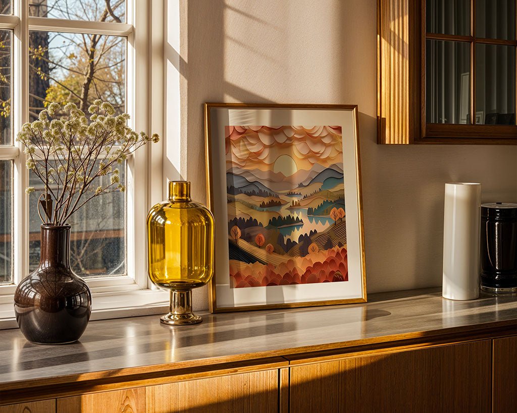 A framed painting called "Golden Hour Lake" by FN Prints, showcasing a Lake District landscape with mountains and a river, sits on a wooden sideboard. It is paired with a yellow glass vase, a dark brown vase filled with dried flowers, and other decorative items. Sunlight streams through the window, creating shadows across the scene.