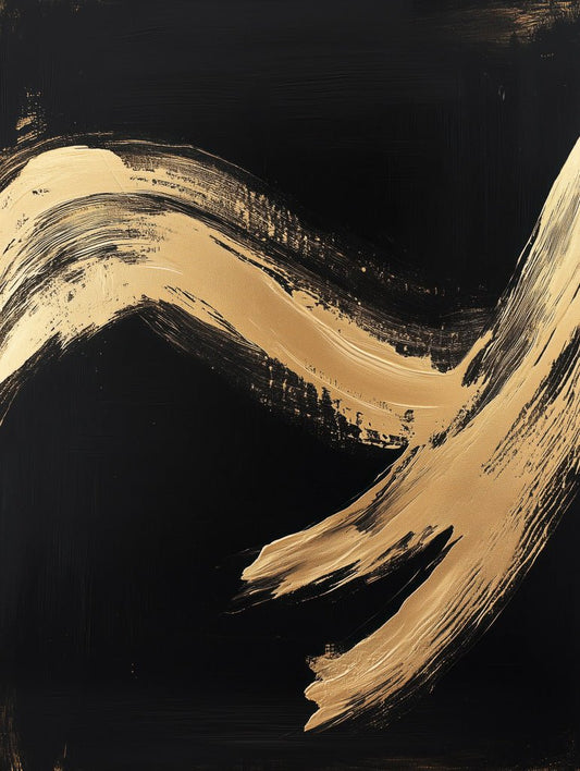 Minimalist black and gold abstract wall art with flowing brushstroke texture and bold contrast