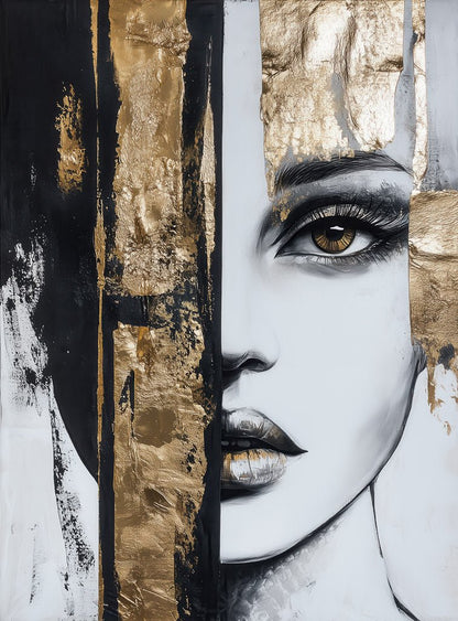 A close-up of a woman’s portrait with abstract black and gold sections, symbolizing mystery and elegance.