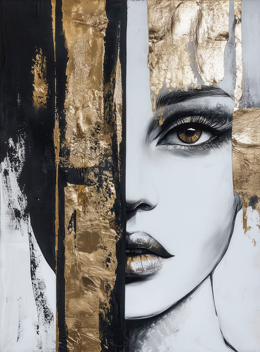 A close-up of a woman’s portrait with abstract black and gold sections, symbolizing mystery and elegance.
