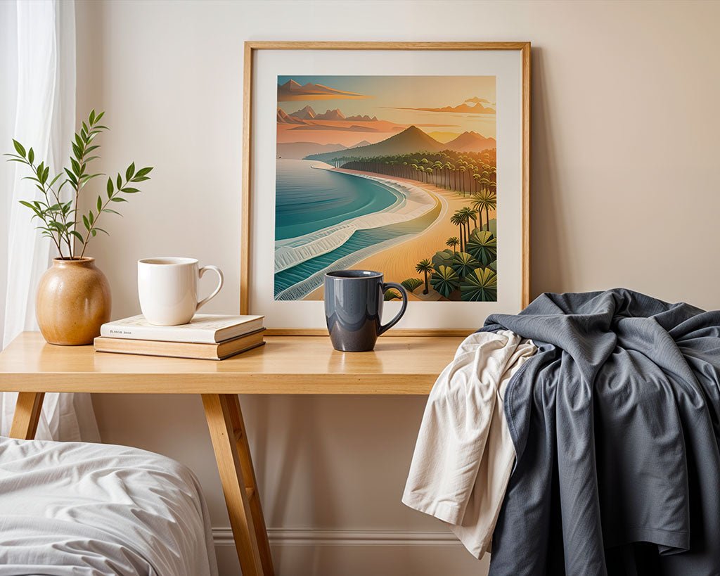 FN Prints' 'Golden Shores,' a framed coastal landscape painting, adorns a wooden desk alongside two mugs, a stack of books, a small vase with leaves, and draped clothes. The partially visible bed on the left enhances the cozy and relaxed atmosphere, echoing nature-inspired decor.