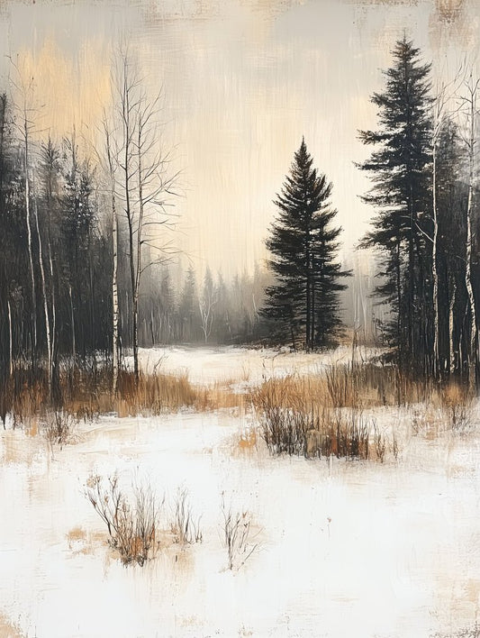 Winter forest landscape with snow-covered ground, golden grasses, and tall evergreen trees under a soft sky.