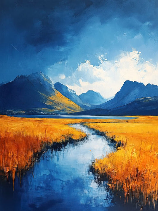 Landscape artwork of a golden valley river with dramatic blue sky and distant mountain peaks.