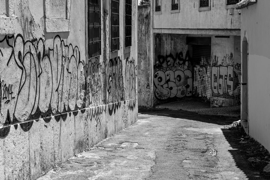 A narrow Lisbon alleyway is captured in the black-and-white photograph "Graffiti Alley" by FN Prints, showcasing graffiti wall decor on the adjacent buildings. The rough and worn ground, along with light and shadows, creates a striking contrast. Several windows with bars are visible on one of the buildings, highlighting elements of urban street culture art.