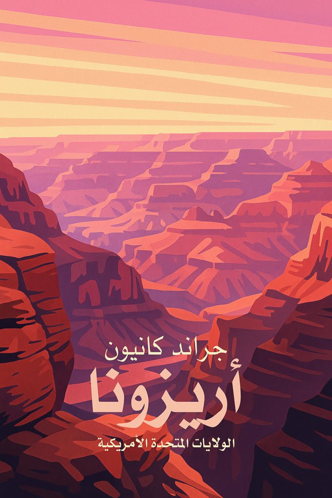 Illustration of Grand Canyon rock formations in sunset light with Arabic text.