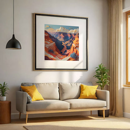 A cozy living room with a light gray sofa adorned with yellow cushions. Above, a large framed digital art piece from FN Prints, titled "Grand Canyon II," displays the Grand Canyon in an abstract cloud line style. A black pendant lamp and potted plants enhance the space, which is bathed in natural light from the window.