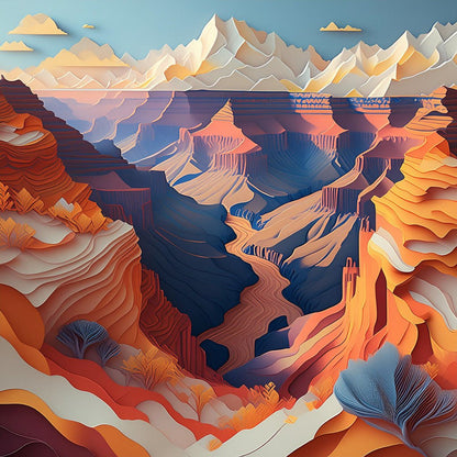 The FN Prints "Grand Canyon II" features a vibrant, stylized illustration of a canyon landscape, showcasing layered rock formations in shades of orange, red, and purple that descend into a river at the bottom. Snow-capped mountains and a clear sky are visible in the background, enhanced by an abstract cloud line evoking the essence of Grand Canyon digital art.