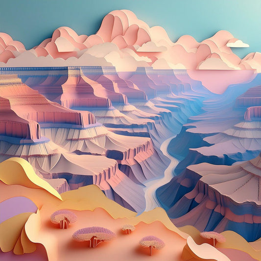 FN Prints' Grand Canyon V boasts a vibrant, illustrative landscape featuring a grand canyon infused with rich hues of pink, orange, and blue. Rolling clouds float serenely above the canyon, while small, abstract trees adorned with pink foliage dot the foreground. This whimsical and surreal scene is reminiscent of pastel palette artwork, adding a touch of dreamy charm to any space.