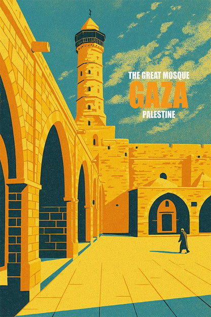 Vintage travel poster of the Great Omari Mosque in Gaza, Palestine, showing sunlit arches, tall minaret, and a bright blue sky.