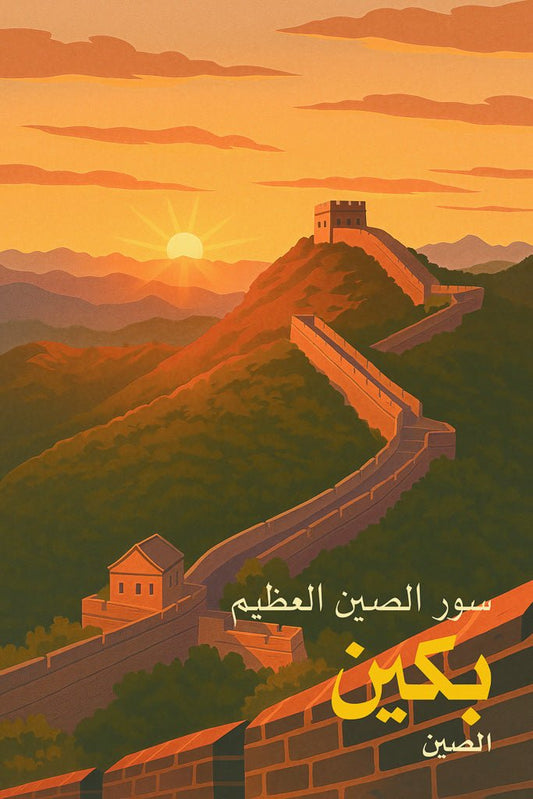 Sunset illustration of the Great Wall of China near Beijing, with Arabic place names and layered mountain scenery.