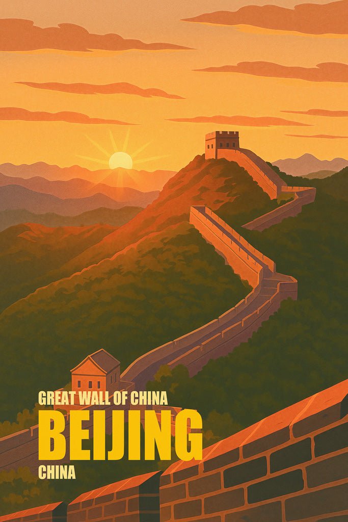 Sunset illustration of the Great Wall of China near Beijing, with English place names and layered mountain scenery.