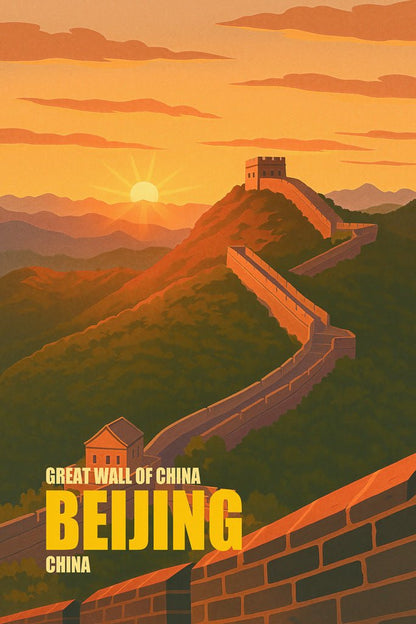 Sunset illustration of the Great Wall of China near Beijing, with English place names and layered mountain scenery.