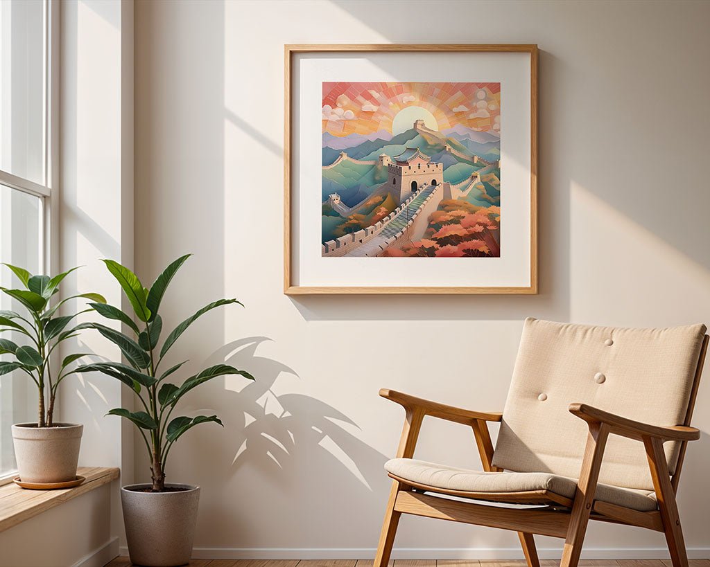 A sunlit room features a wooden chair and two potted plants by the window. On the wall hangs a framed, colorful illustration titled "Great Wall Of China" from FN Prints, showcasing pastel hues of hills, a sun, and a building. Sunlight casts shadows on the cream-colored walls.