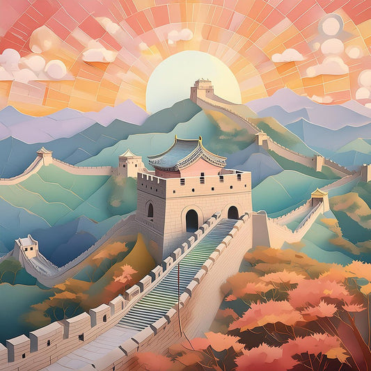 FN Prints' "Great Wall Of China" art piece beautifully portrays the historic Great Wall meandering through mountainous terrain under a brilliant sunrise. The soft, pastel colors illuminate the iconic structure and its surrounding landscape, with warm tones in the sky and foliage enhancing a tranquil and regal ambiance. The folded paper effect lends an artistic flair to this exquisite digital art print.