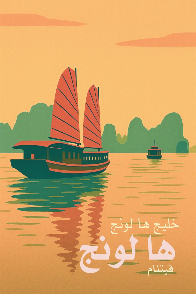 Illustrated travel poster of Ha Long Bay, Vietnam, with sailboats and limestone karsts under a sunset sky, Arabic place names included.