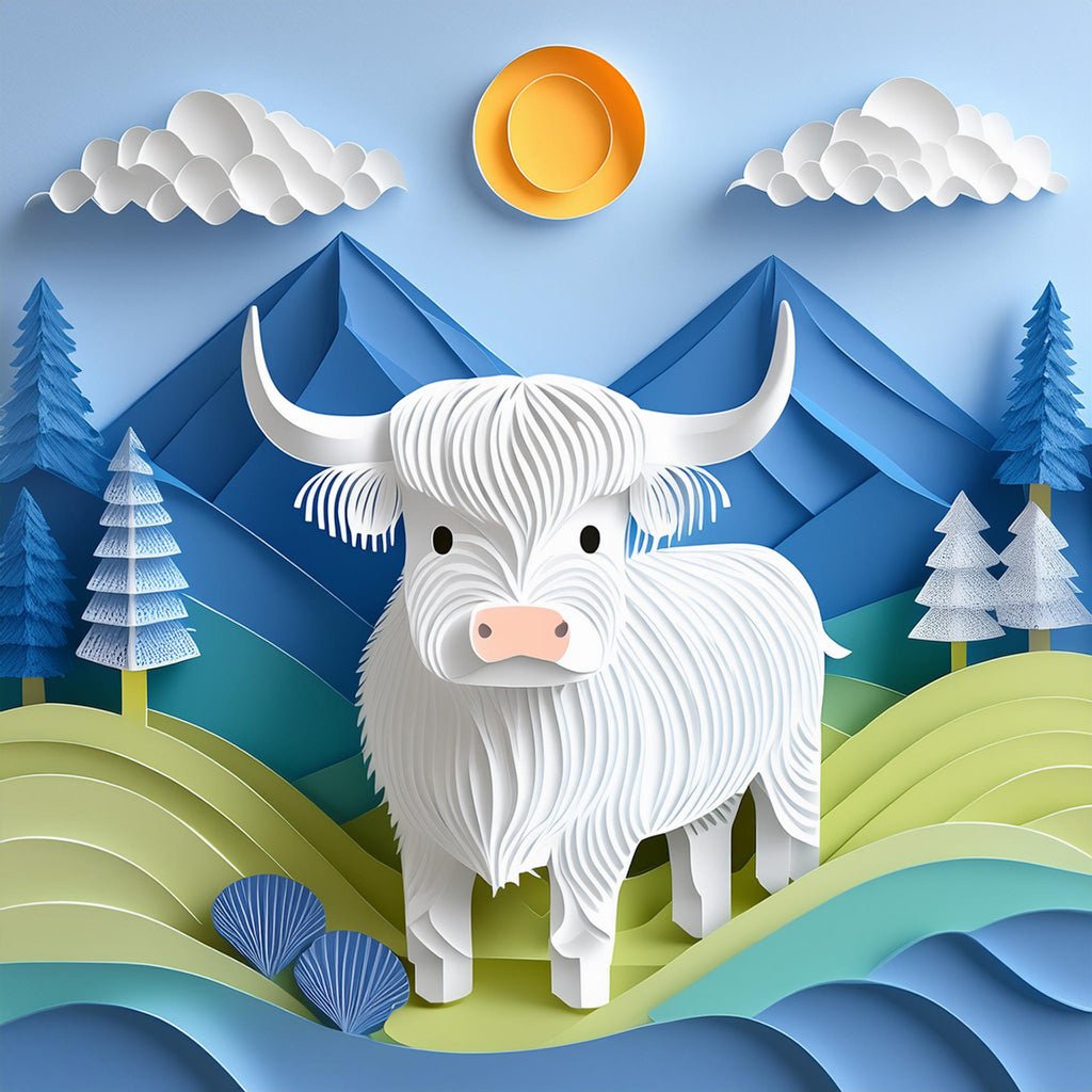 The whimsical artwork titled "Hadlee The Highland Cow" by FN Prints features a stylized illustration of a white highland cow with flowing hair and gracefully curved horns. Set against a serene backdrop of rolling green hills, majestic blue mountains, and a radiant yellow sun peeking through fluffy white clouds, this digital masterpiece captures the enchanting essence of the Scottish Highlands with a charming paper-cut effect.