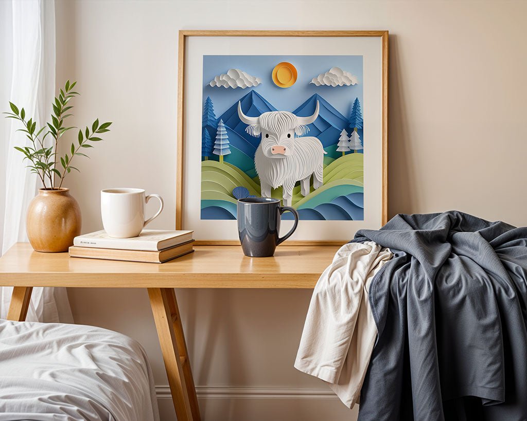 A wooden desk displays a brown vase filled with branches, two coffee mugs, and a stack of books. Draped fabric rests on the right side. On the wall behind, FN Prints' enchanting digital artwork "Hadlee The Highland Cow" captivates viewers with its stunning depiction of Hadlee against the mesmerizing backdrop of the Scottish Highlands.