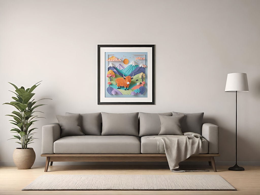 A modern living room features a gray sofa adorned with a draped blanket, highlighted by "Haidyn The Highland Cow" digital art from FN Prints above. On the left rests a tall potted plant, while a floor lamp is positioned on the right. An inviting rug covers part of the floor, adding warmth to this contemporary space.