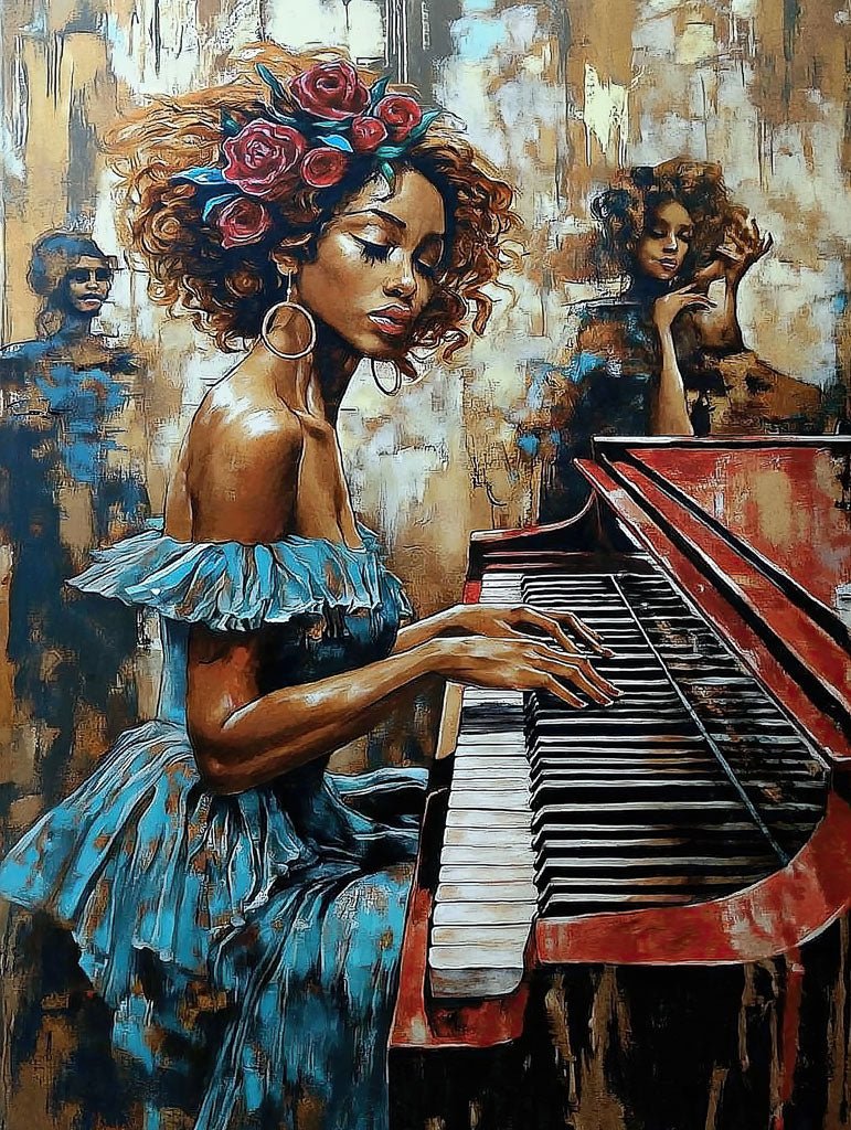 Harmony in Blue – Woman Playing Piano Art Print