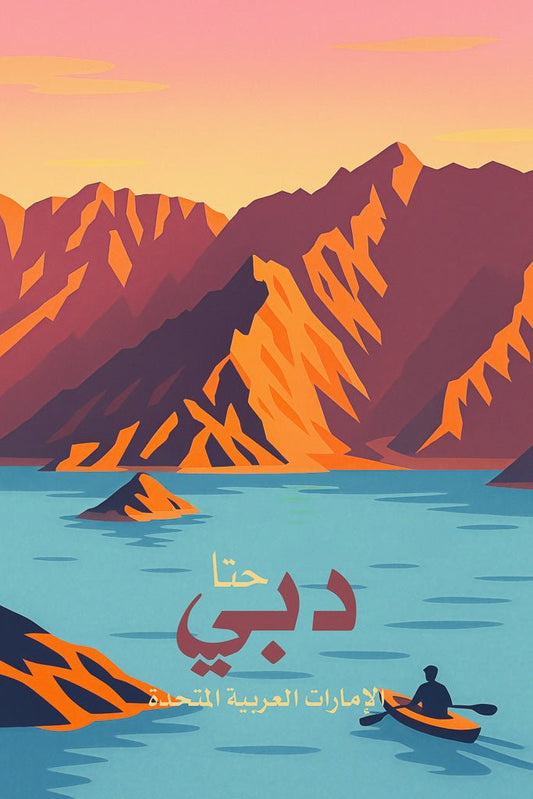 Illustration of Hatta lake in Dubai, UAE, with bold red mountains and a kayaker at sunset, Arabic place names included.
