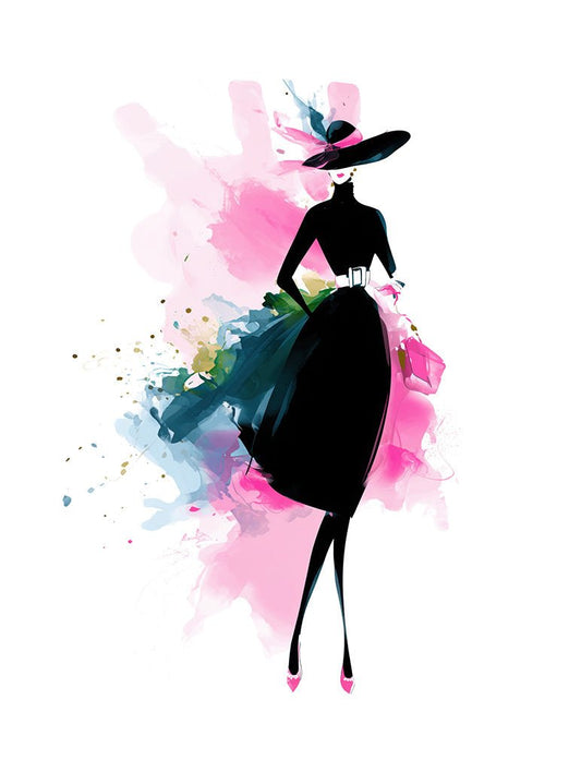 Haute Silhouette by FN Prints features a stylized abstract woman in a black dress, wide-brimmed hat, and pink heels on a vibrant pink and blue background—ideal as modern artwork or fashion wall art.