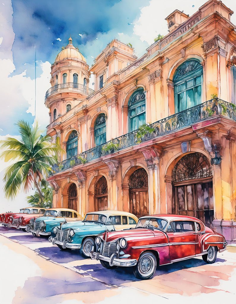 A vibrant watercolor painting from FN Prints, titled "Havana Classics," depicts a row of vintage cars parked in front of a grand, historic building with arched windows and a dome, reminiscent of Cuban architecture. Palm trees sway nearby, adding to the nostalgic and tropical ambiance of the scene.