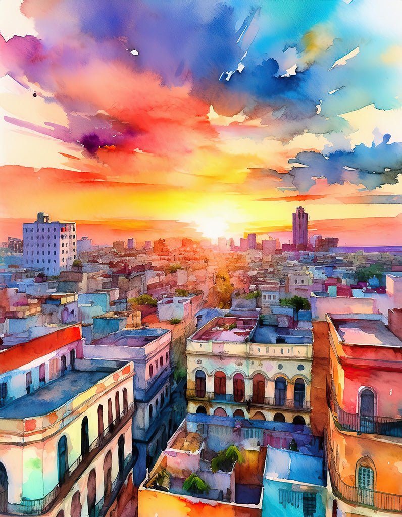 The FN Prints artwork, "Havana Sunset," features a vibrant watercolor painting that beautifully captures a colorful cityscape at sunset. Buildings in various hues of pink, yellow, blue, and orange fill the foreground, showcasing architectural beauty. Meanwhile, the sky bursts with dramatic reds, oranges, and purples as the sun sets on the horizon—a true Havana Sunset masterpiece.