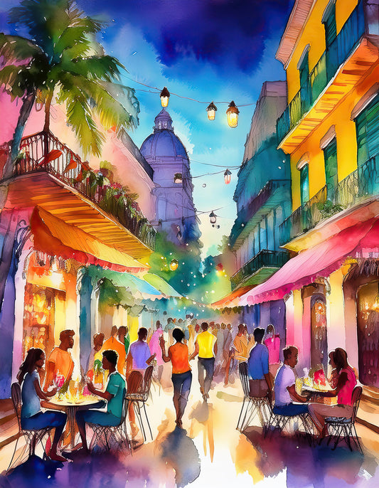 FN Prints' "City Nights: Havana" vividly captures a vibrant street scene at dusk, showcasing Havana nightlife with people dining at outdoor cafes. String lights hang above, illuminating the cobblestone street. The background features colonial-style buildings and a domed structure, while palm trees add to the lively atmosphere of this cultural richness.