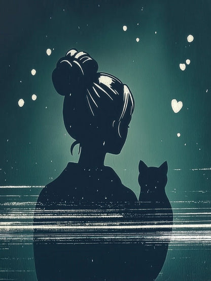 The FN Prints artwork, "Heartfelt Silhouettes," beautifully captures the silhouette of a person with a bun and a cat against a turquoise backdrop. The minimalist design features floating hearts, sparkles, and white horizontal streaks, evoking the delicate charm characteristic of Komako Sakai's style.