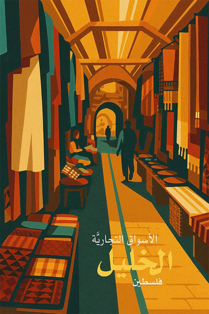Vintage travel poster of Hebron trading markets in Palestine, arched souk with textiles and pottery in warm ochre and teal tones.