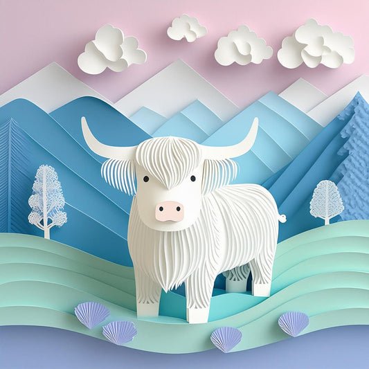 The whimsical "Helen The Highland Cow" paper art depiction by FN Prints features a white highland cow with long horns standing on green hills. It is flanked by stylized trees and backed by blue mountains under a pastel pink and blue sky with fluffy clouds. Perfect for children's room decor, this piece brings the serene and playful spirit of the Scottish Highlands to life.