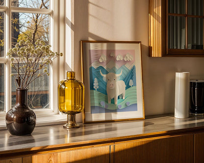 A cozy room features FN Prints' "Helen The Highland Cow," a digital art piece set against the pastel-colored Scottish Highlands, framed by mountains and clouds. Sunlight warmly illuminates the wooden dresser, embellished with vases and a flowering branch, enhancing the serene atmosphere.