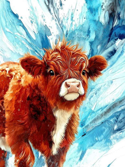 FN Prints' "Highland Calf" digital artwork showcases a fluffy calf with a white muzzle and chest against a dynamic swirl of blue and white, reminiscent of water or paint splashes, bursting with vibrant colors for an artistic flair.