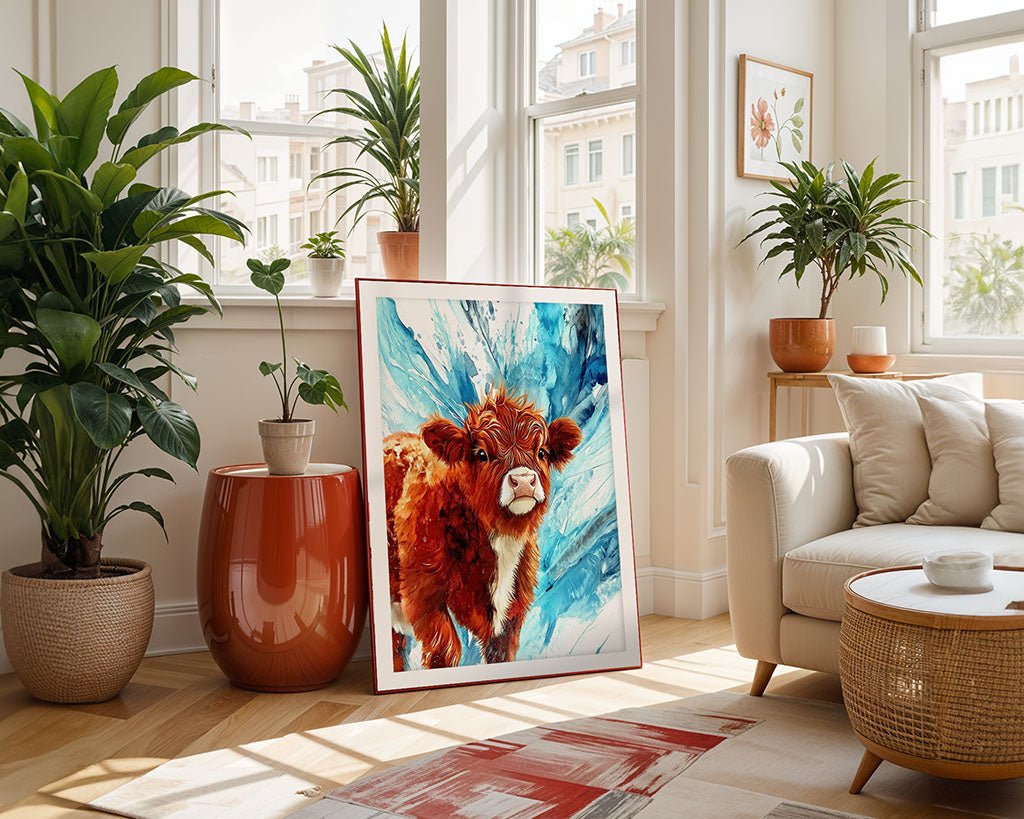 A bright living room features large windows, plants, and a beige sofa. FN Prints' "Highland Calf," a colorful digital artwork against a blue and white abstract background, leans against the wall. A red planter and wicker basket enhance the vibrant decor.