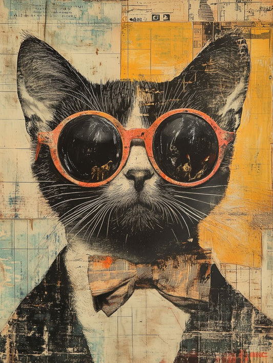 Illustrated black-and-white cat with large red glasses and bowtie on textured collage background.