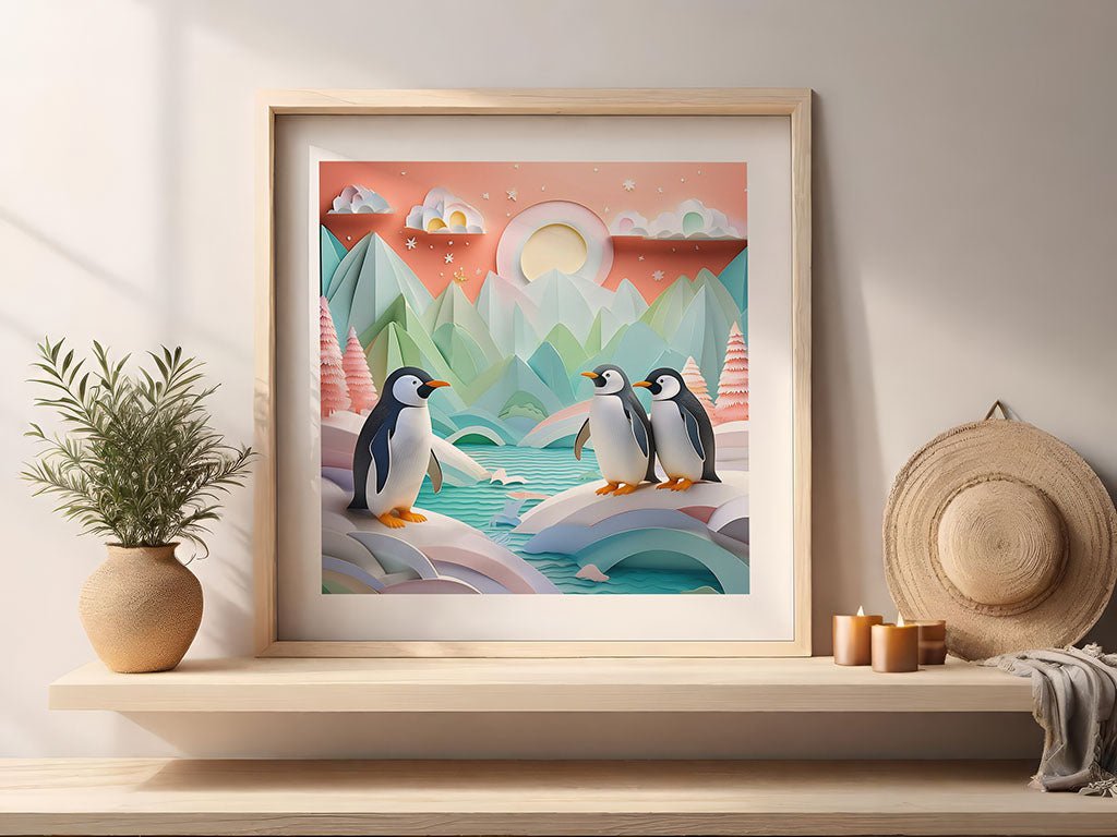 The "Huddle Of Penguins" by FN Prints is a framed artwork showcasing three penguins standing on ice against a vibrant, stylized landscape featuring mountains and a sunlit sky. Perfect for nursery decor, it is beautifully displayed on a shelf alongside a plant and candles, with a straw hat hanging nearby.