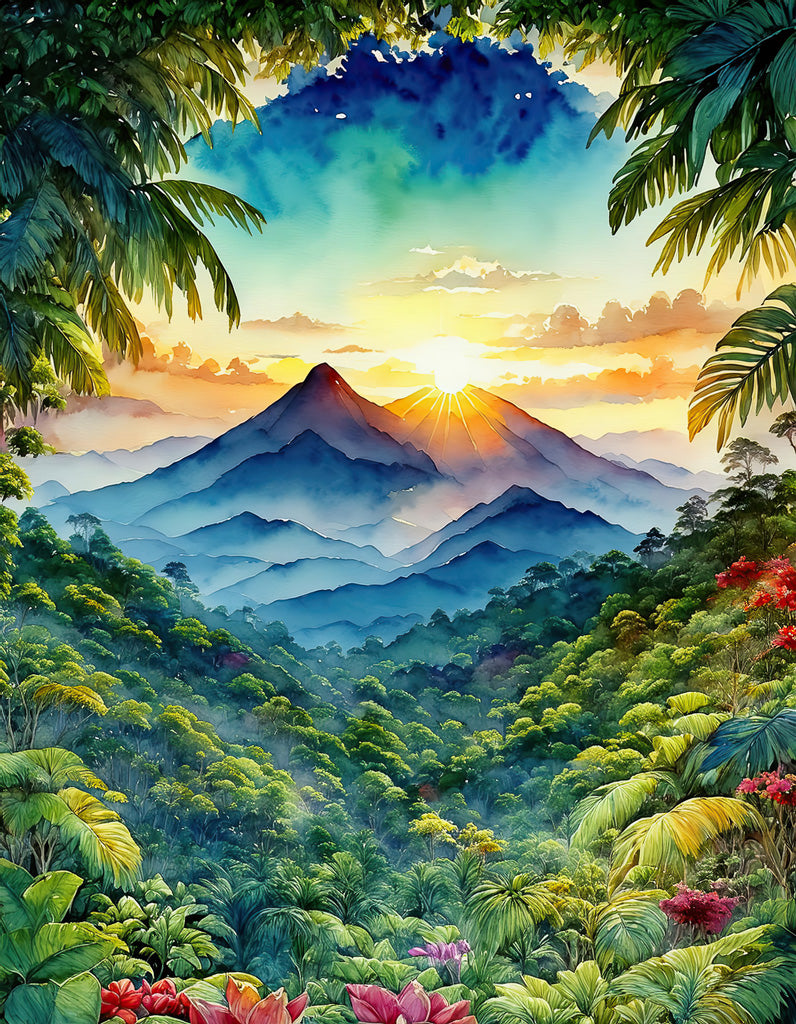 A lush green jungle frames a breathtaking view of majestic mountains at sunrise in FN Prints' "Through the Canopy: Indonesian Sunset." The sky transitions from deep blue at the top to vibrant orange near the horizon, while sun rays peek through clouds. Various tropical plants with colorful flowers enhance this tropical haven's scenic beauty.