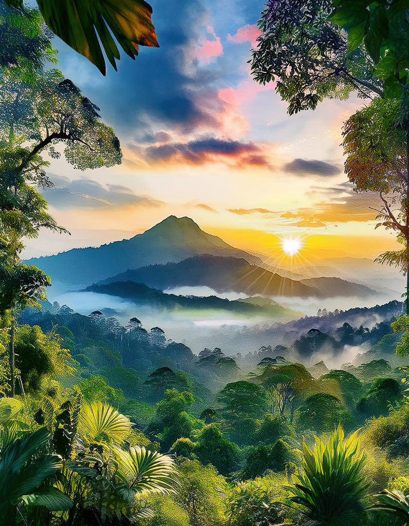 Awe-inspiring views of the sunrise over a lush jungle landscape. The sun's rays pierce through scattered clouds, casting a golden glow over the verdant scenery. Mystical layers of mist ascend from the valleys, enriching the vibrant vista captured in "Mist and Mountains: Indonesian Sunset" by FN Prints—ideal for natural world decor.