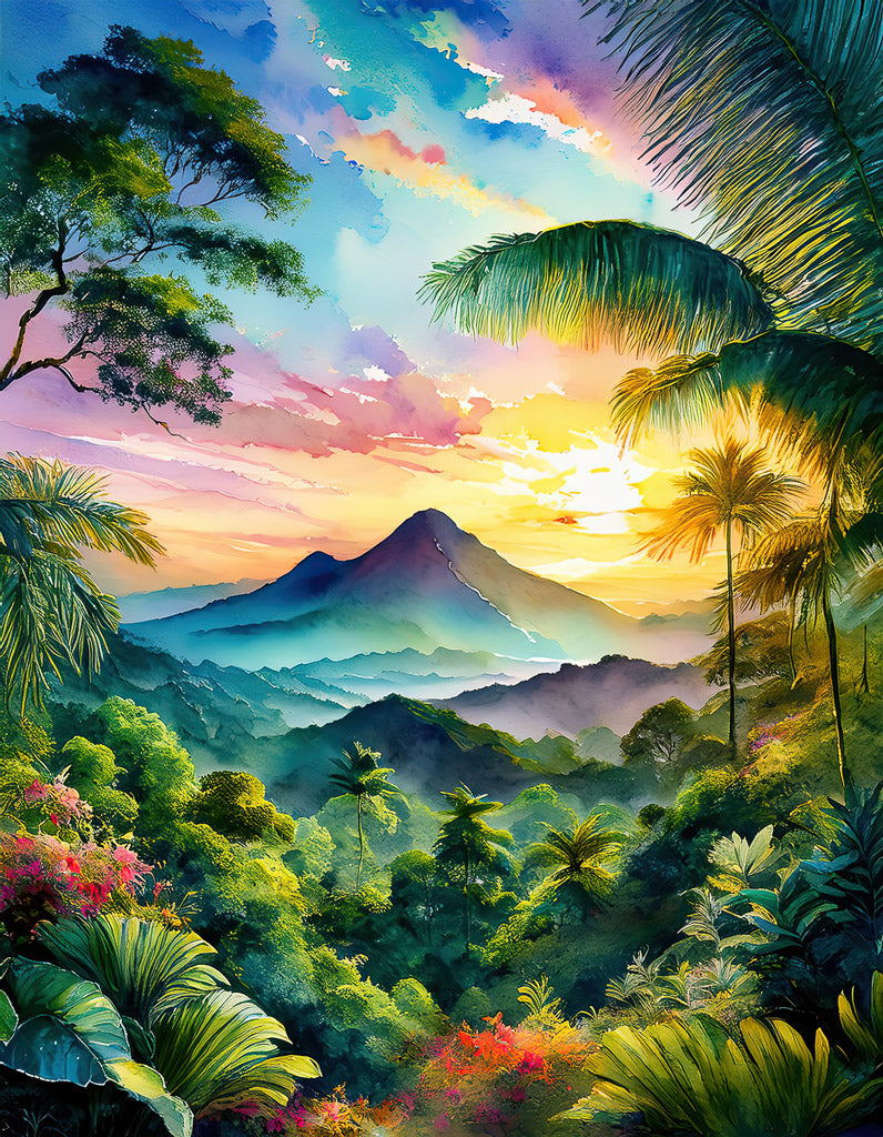 The FN Prints "Rainbow Sky Sunset: Indonesian Jungle" painting exudes tropical charm with its vibrant and colorful depiction of a tropical landscape at sunrise. Lush greenery and various trees, including palm trees, frame a distant mountain, while the sky is filled with hues of yellow, orange, pink, and blue that reflect the rising sun's light.