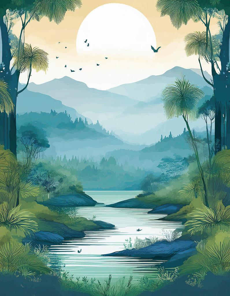 The scene, "Peaceful Indonesia" by FN Prints, depicts a serene and lush landscape where a river meanders between verdant hills and dense forests, leading towards distant, misty mountains. Birds soar near a large setting sun behind the mountains. This calm and picturesque view is reminiscent of Indonesian landscapes and resembles digital watercolour artwork.