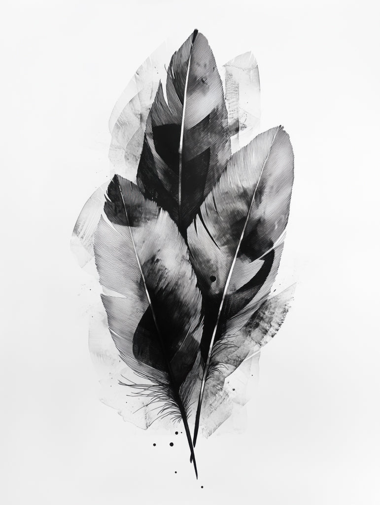 Abstract black-and-white wall art of layered feathers in ink, minimalist and nature-inspired. Modern artwork for serene spaces.
