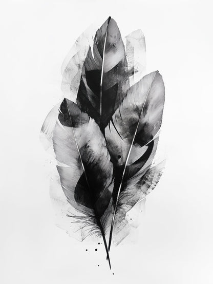 Abstract black-and-white wall art of layered feathers in ink, minimalist and nature-inspired. Modern artwork for serene spaces.
