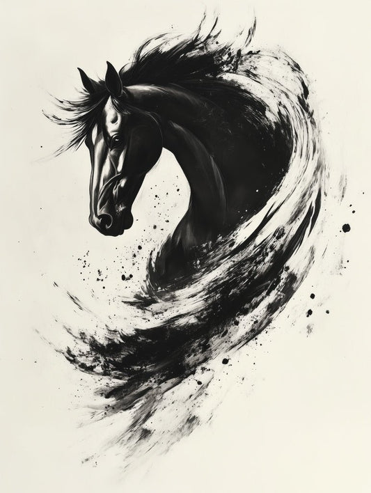 Black ink painting of a galloping horse with splattered brushstroke effect and abstract flowing mane.