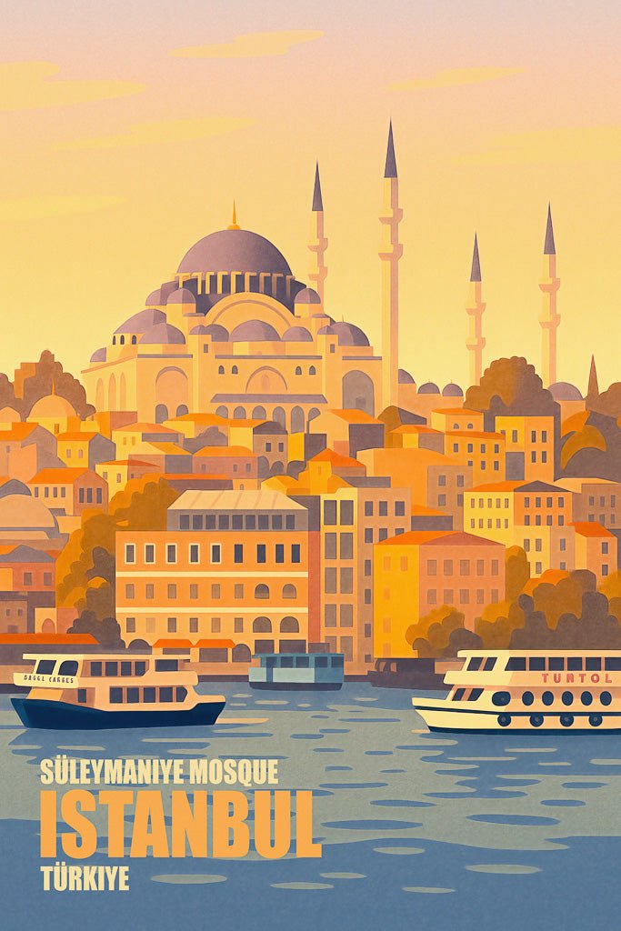 Wall art of Istanbul’s Süleymaniye Mosque (مسجد السليمانية) at sunset with boats on the Bosphorus and warm-toned city buildings.